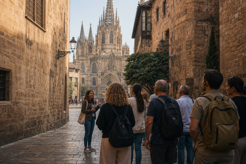 A guide leading travellers toward Barcelona Cathedral
